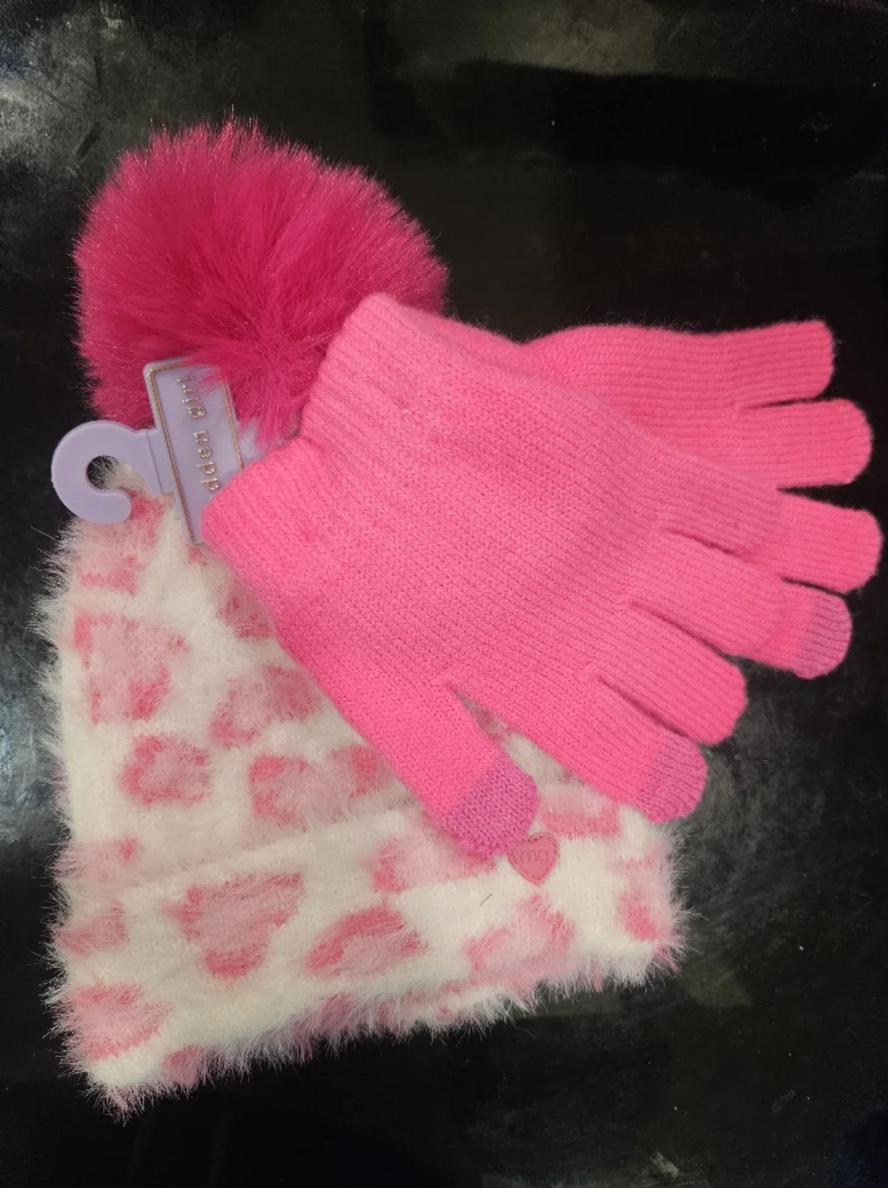 MADDEN GIRL NWT Bright Pink Faux-Fur Beanie & Knit Gloves Set